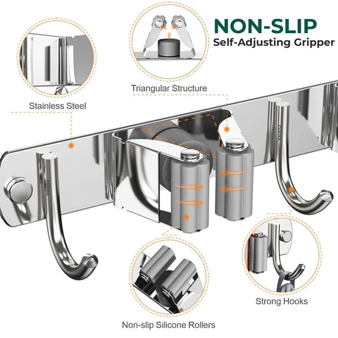 Stainless Steel Broom And Mop Wall Mount Organizer With Three Racks And Four Hooks Heavy Duty Space Saver Easy Install for mops shown.
