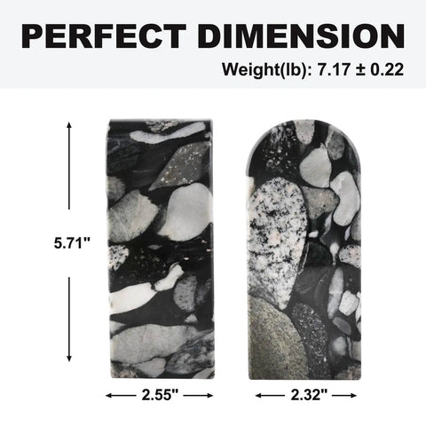 Sturdy Marble Book Ends Set Weighing 7lbs With Non Slip Pads For Stable Shelf Display, dimensions and weight shown.