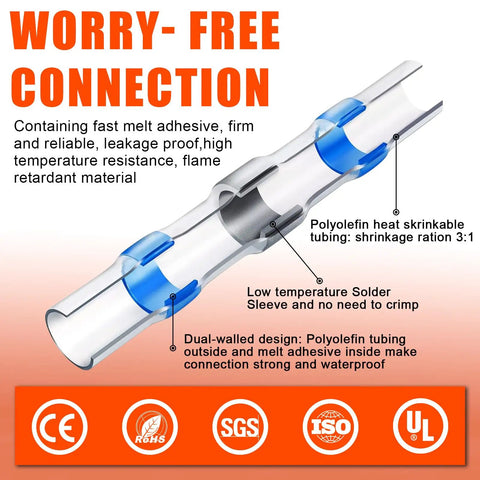 Heat Shrink Solder Seal Wire Connector Kit Waterproof Insulated Solderless Wiring Splice Connectors diagram showing dual-wall design and features.