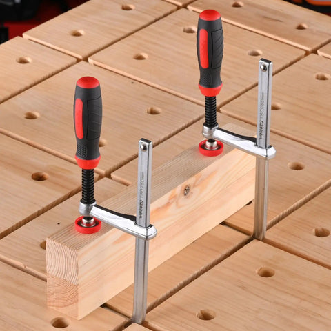 Heavy Duty F Clamps For Woodworking 2 Pack With 630 Lbs Clamping Force Rubber Tips on wooden table surface