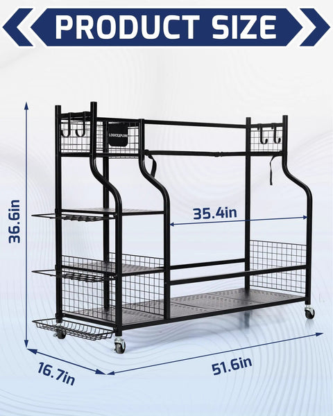 Garage Golf Storage Rack For Three Bags Keeps Clubs Balls Shoes And Gear Neatly Organized Heavy Duty Golf Equipment Organizer For Home Garage Space Now, showing dimensions.