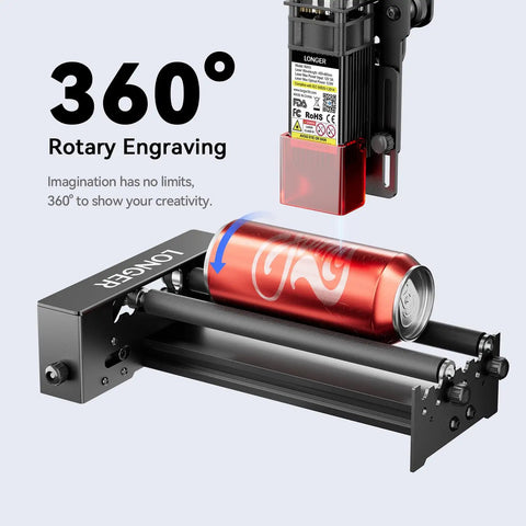 Pro Laser Rotary Roller For Round Etching With Dope 360 Auto Spin And Hella Wide 6 To 300 Millimeter Dial engraving a red can.