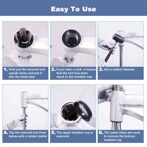Six-step guide using Heavy Duty Bike Headset Cup Remover Tool for 1-1/8, 1-1/4 and 1-1/2 inch bearings with rubber mallet.