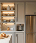 Modern kitchen with Black And Gold Cabinet Pulls 30 Pack With 3 Inch Hole Center Square Handles, beige cabinets, and stainless steel fridge.