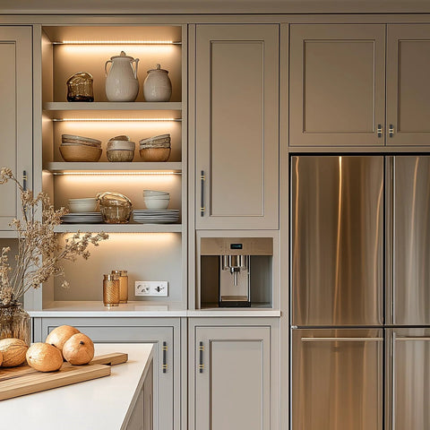Modern kitchen with Black And Gold Cabinet Pulls 30 Pack With 3 Inch Hole Center Square Handles, beige cabinets, and stainless steel fridge.