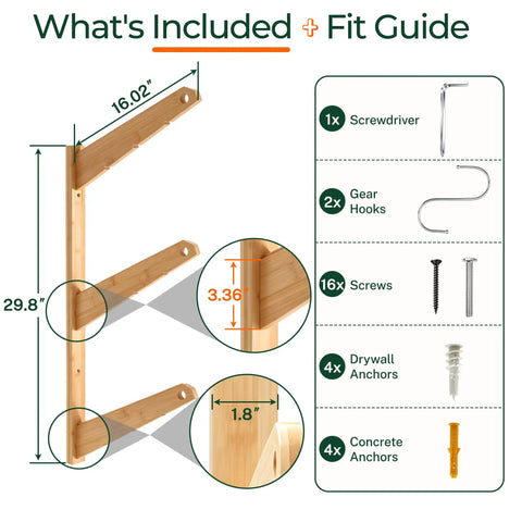 Solid 3 Tier Bamboo Surfboard Rack for Wall Mount or Floor Stand dimensions and included parts for easy assembly.