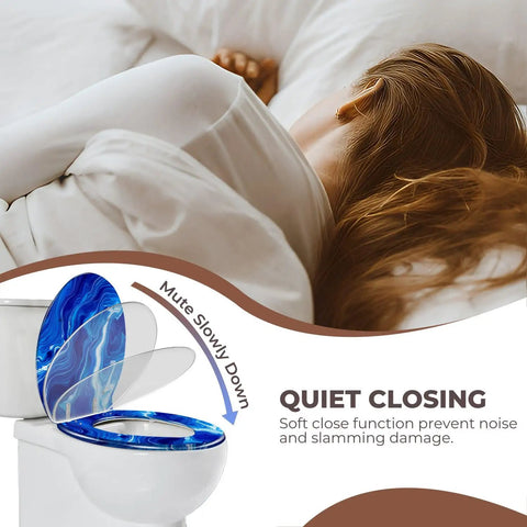Round Resin Toilet Seat for Bathroom with quiet close feature, showcasing vibrant blue design and adjusting lid.