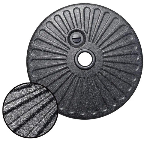 Black water filled umbrella base stand for patio and outdoor use, beefy heavy duty holder with large round base and knobs detail.