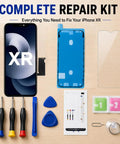 IPhone XR Screen Replacement 6.1 Inch With 3D Touch LCD Display Digitizer Assembly And Tempered Glass Repair Tools Included Compatible With A1984 A2105 A2106 A2108 shown with tools and accessories.