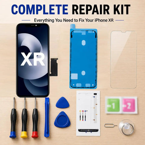 IPhone XR Screen Replacement 6.1 Inch With 3D Touch LCD Display Digitizer Assembly And Tempered Glass Repair Tools Included Compatible With A1984 A2105 A2106 A2108 shown with tools and accessories.