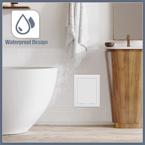 Heavy Duty Self Adhesive Access Panel For Drywall 6 X 8 Inch Plumbing Wall Hole Cover installed in a modern bathroom setting.