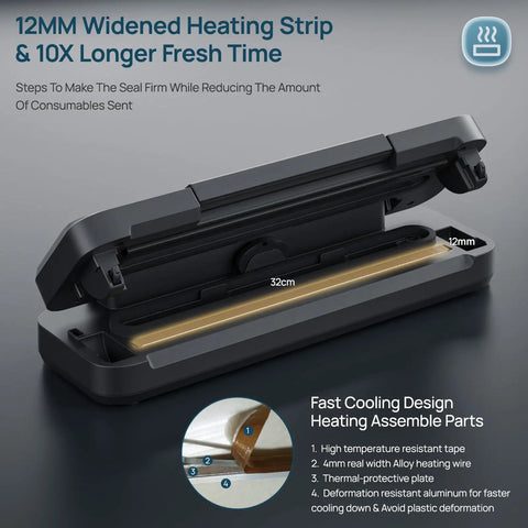 Heavy Duty Vacuum Sealer With 80Kpa Dual Pump, Dry And Moist Food Sealing, visible 12mm wide heating strip for home kitchen