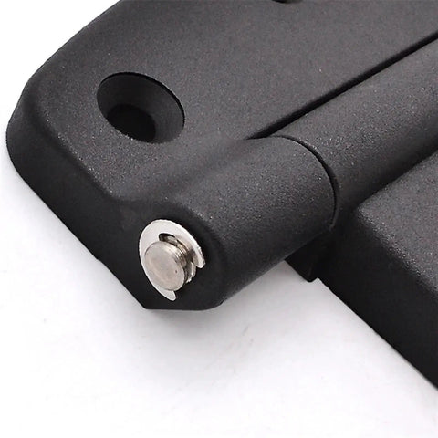 Close-up of Heavy Duty Black Plastic Door Hinges For Barn Shed Gates Square And T Hinges Tough Gate Hardware