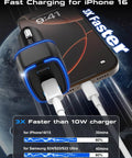 Super Slim 3 Port USBC Car Charger With Dual PD 20W Fast Charging And Quick Charge Adapter connected to iPhone, showcasing fast charging capability.
