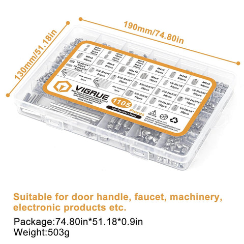 1105 Piece Metric And SAE Set Screw Kit With Internal Hex Drive Allen Grub Screws Cup Point 304 Stainless Steel in storage box