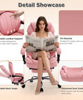 Comfy Reclining Office Chair With Footrest For Women, wide seat shown with adjustable lumbar support in pink PU material.