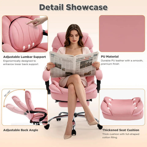 Comfy Reclining Office Chair With Footrest For Women, wide seat shown with adjustable lumbar support in pink PU material.