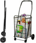 Folding Shopping Cart With Wheels For Grocery And Laundry, holding groceries, compact black design with easy grip handle, side and front view.