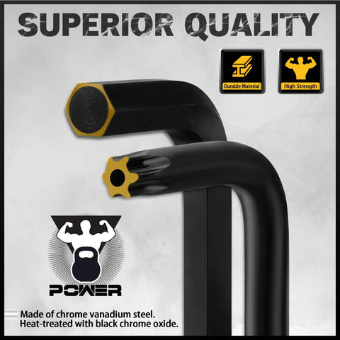 41 Piece Hex Key And Torx Wrench Set With Torque Handle In Storage Case Includes SAE And Metric Sizes 0.028 To 0.375 Inches And 0.7mm To 10mm Plus Torx T9 To T50 Heat Treated Chrome Vanadium Steel, close-up of black and gold heat-treated steel wrenches emphasizing durability and strength with quality icons