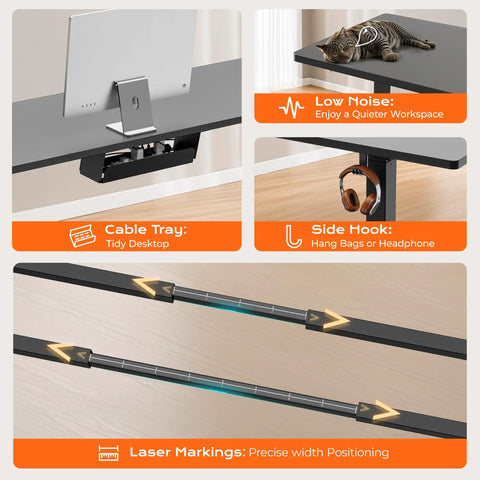 Huuger Dual Motor Electric Standing Desk Frame Black features cable tray and side hook for home office organization.