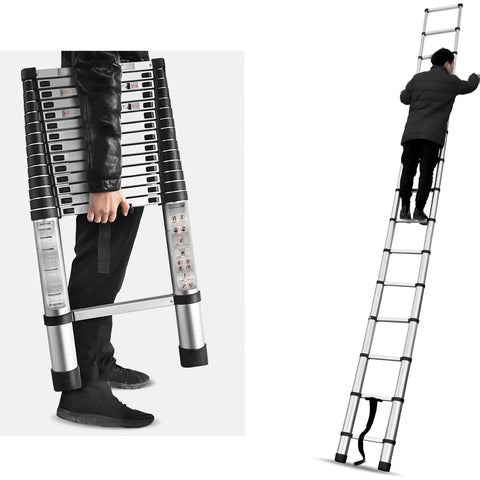 Man carrying and using 14 Point 5 Foot Telescoping Ladder With 330 Pound Capacity Heavy Duty Aluminum Extendable Collapsible Ladder