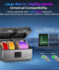 Space Pi X4 Filament Dryer showing large size for 1kg/2kg spools, compatible with 1.75/2.85mm filaments, LCD touch screen displayed.