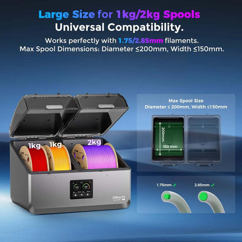 Space Pi X4 Filament Dryer showing large size for 1kg/2kg spools, compatible with 1.75/2.85mm filaments, LCD touch screen displayed.