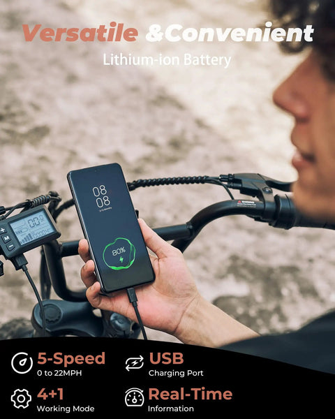 Electric Fat Tire Bike For Adults And Teens With GPS Location, 16 Inch Wheels, 1500W Brushless Motor, 65Nm Peak Torque, Reaches Up To 20 MPH, Handles 30 Percent Grades On Urban Streets And Rugged Trails, handlebar display and phone charging