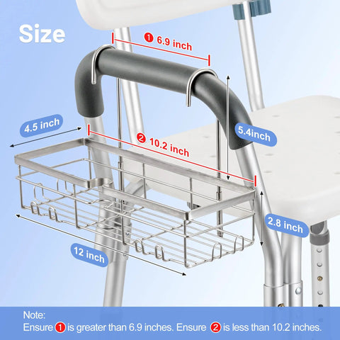 Sturdy 304 Stainless Steel Shower Caddy Hanging Organizer for Shower Chairs and Benches Designed for Elderly Seniors and Disabled Bath Time Use No Fuss Easy Install Rustproof Water Resistant Keeps Toiletries Within Reach in the Shower shown installed on shower chair