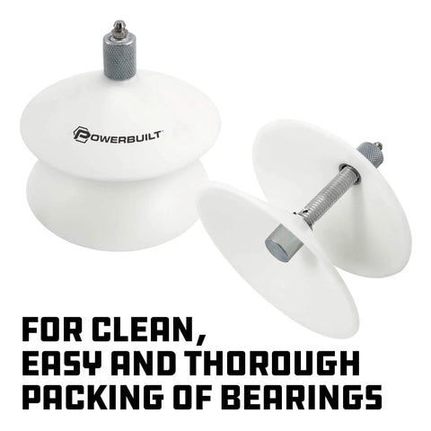 Universal Bearing Packer For Half Inch Inner Diameter And Four Inch Three Eighths Outer Diameter Bearings in white, compatible with grease guns.