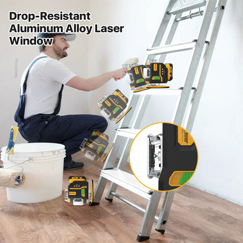 360 Self Leveling Laser Level With Green Beam 4x360 Bright Lines For Construction Pro Grade Kit With Rechargeable 12V Battery Up To 40 Hours Remote Control Magnetic Rotating Stand And Hard Carry Case. Installer using aluminum alloy laser level on ladder for window alignment.