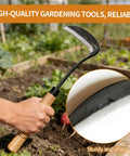 Pro Grade Japanese Garden Hoe And Sickle For Quick Weeding And Cultivating Hand Crafted With A Sharp 4.29 Inch Blade being used in a garden
