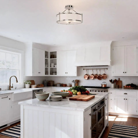 Three Light Brushed Nickel Semi Flush Ceiling Light With Fabric Shade And Glass Diffuser in a modern white kitchen