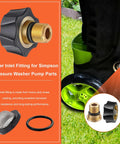 Installed brass water inlet fitting for Simpson pressure washer pump; 3/8 in male to 3/4 in female ends with O-ring