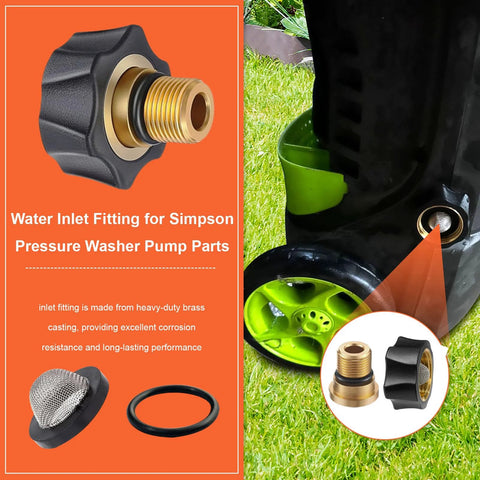 Installed brass water inlet fitting for Simpson pressure washer pump; 3/8 in male to 3/4 in female ends with O-ring