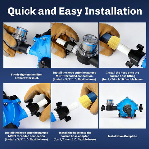 Installation steps for Upgraded Five Chamber 12V RV Fresh Water Pump With 7 GPM At 70 PSI Self Priming Diaphragm Pump Including Auto Pressure Switch And Strainer, showing connecting hoses and fittings.