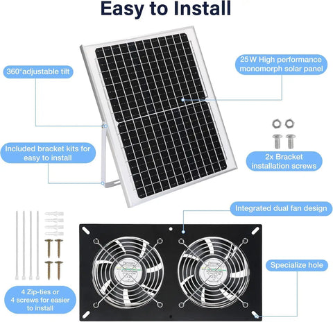 Solar Powered Dual Fan Kit For Outdoor Chicken Coops, Greenhouses And Sheds, Waterproof 25W Panel, Intake Or Exhaust Air Solution, Battery Free Operation For Year Round Comfort And Easy Install