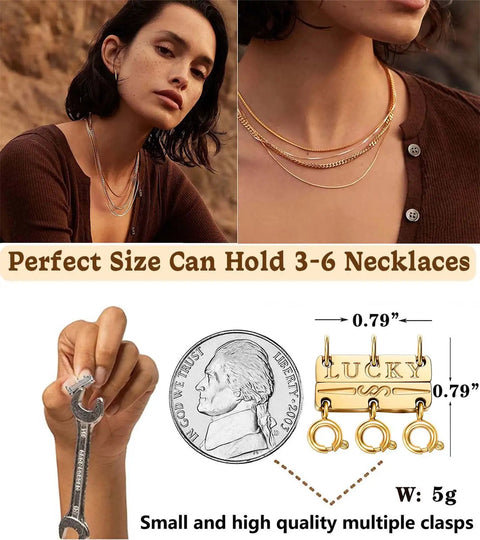 Layering Necklace Clasp That Keeps Your Chains From Tangling, Magnetic Connector in 18K Gold and Silver Tone, shown with necklaces