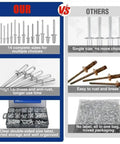 500Pcs Aluminum Blind Rivets Set Dome Head Pop Rivets For Metal And Plastic, Easy Install With Manual Or Pneumatic Riveting, No Fuss Vibration-Resistant Fasteners For DIY Auto And Sheet Metal Projects. comparison image showing 14 sizes, labeled storage box, and rust-resistant aluminum rivets