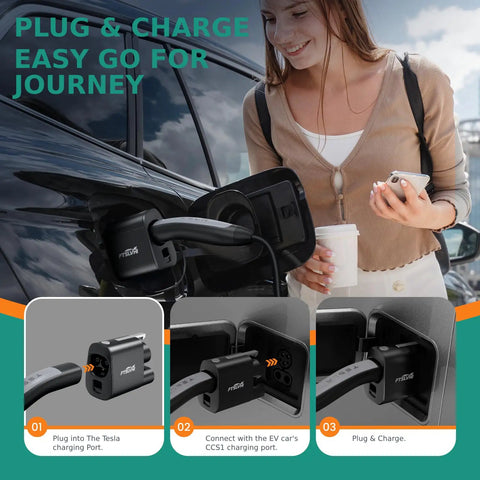 Nacs To Ccs Combo One Dc Fast Charging Adapter Tesla Supercharger Compatible in use with EV charging at station.