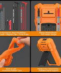 6000 Counts Digital Multimeter With TRMS Auto Range Backlit Display kit showing accessories and orange rubber case with stand.