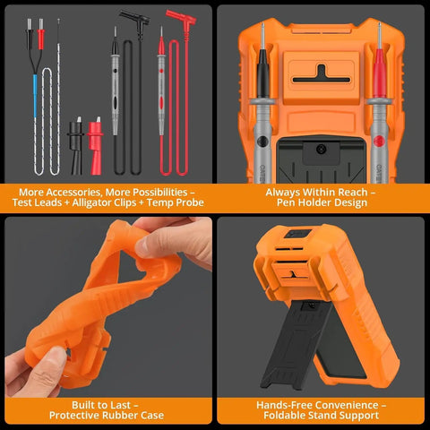 6000 Counts Digital Multimeter With TRMS Auto Range Backlit Display kit showing accessories and orange rubber case with stand.