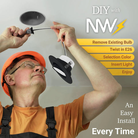 Man installing 4 Inch Gimbal LED Recessed Can Lights in Black Finish 5 CCT Tunable White 2700K to 5000K 750 Lumens 10W Dimmable