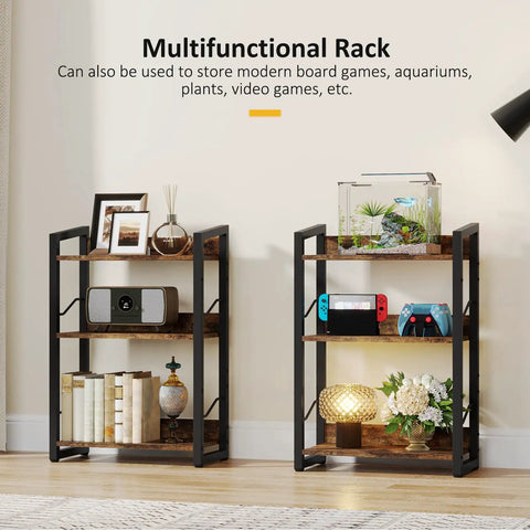 Three Tier Narrow Bookshelf With Edge Protection And Side Cross Tube Design For Picture Frames Statues Easy Peasy Setup, showing storage with decor and plants.