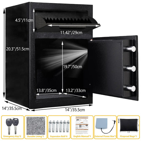 Fireproof front drop slot deposit safe with digital combination, anti fishing design, open door view, 2.8 cu ft capacity, black exterior.