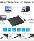 Portable External CD DVD Drive For Laptop With USB 3 0 Type C Black Slim Optical Drive Burns CDs DVDs Plays Rips And Backups Fast Plug And Play For Laptop Mac PC With Easy Data Transfer And Media Playback. USB-powered black slim external drive for laptop, desktop, and Mac