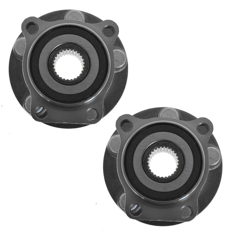 Front Wheel Bearing And Hub Assembly Set For Subaru Outback, Forester, Legacy, And XV Crosstrek Left And Right Two Piece Bolt-On Drop-In Direct Fit Kit For 2005 To 2014 Models, shown in image with two black and silver hub assemblies.