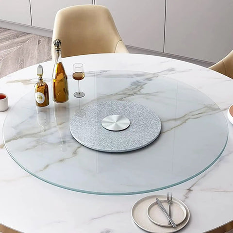 Top Shelf Tempered Glass Lazy Susan Turntable With Zero Friction Bearing Spin Smooth Glide Rotating Serving Tray for kitchen table setup.