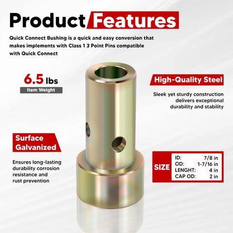 Cat 1 Quick Hitch Adapter Bushings Set With 4 Sleeves And 8 Lynch Pins For 3 Point Tractor Hitches Heavy Duty Zinc Plated Steel Rust Resistant Easy Install Compatible With Category 1 Tractors. Galvanized steel bushing with precise dimensions and corrosion resistance specs.
