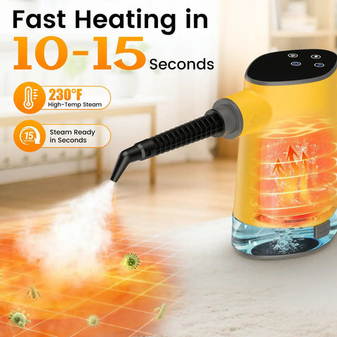 1200W Handheld Steam Cleaner Heats Up In Just 10 Seconds For A Straight Up No Hassle Deep Clean Knocking Out Bathroom Grout And Kitchen Grease With Adjustable Settings For A Quick Home Refresh That Delivers steam releasing from nozzle towards floor.